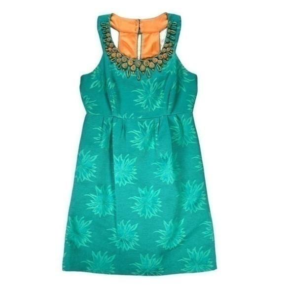 Jax Sleeveless Dress Womens Size 8 Green Embroidered Collar Jacquard Floral Mini - Picture 1 of 16